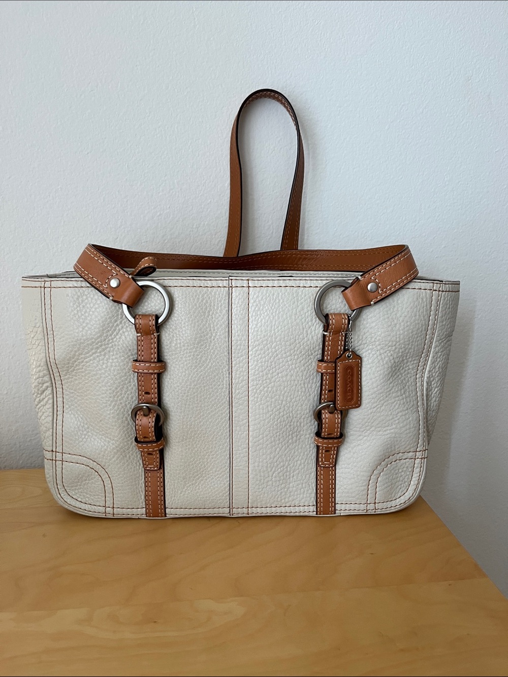 Vintage Coach Chelsea Tote. Cream Leather with Tan Trim